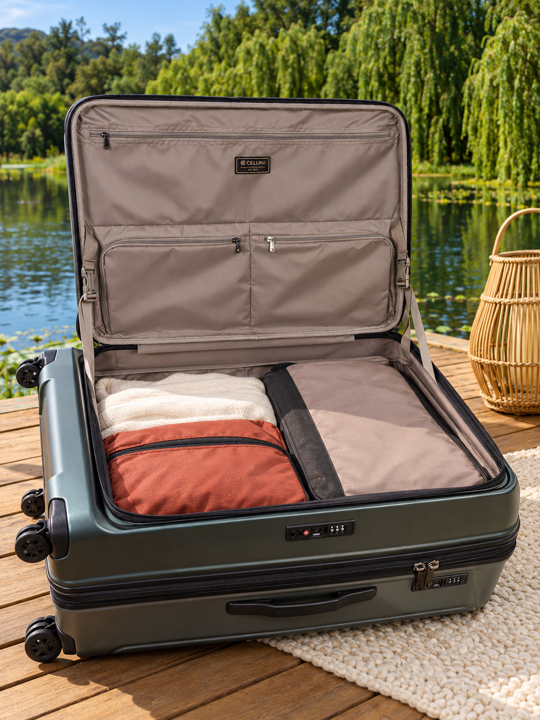 Open Cellini case showing the Inside Story packing compartments