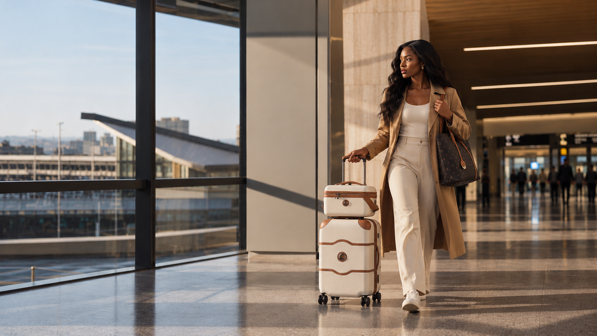 Traveller carrying a bag through an airport terminal
